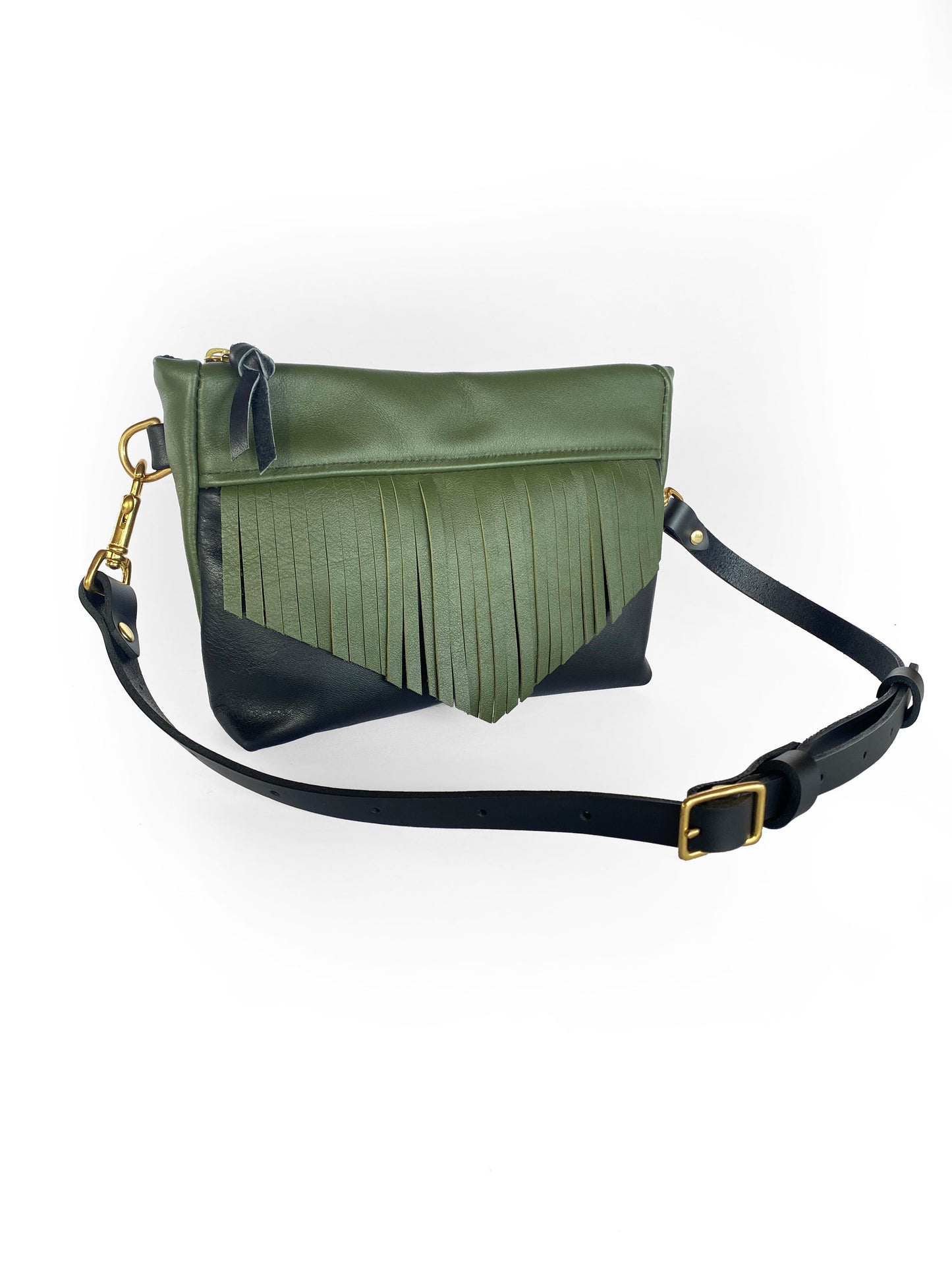 Cosmos Fringe Bag in midnight and dark moss