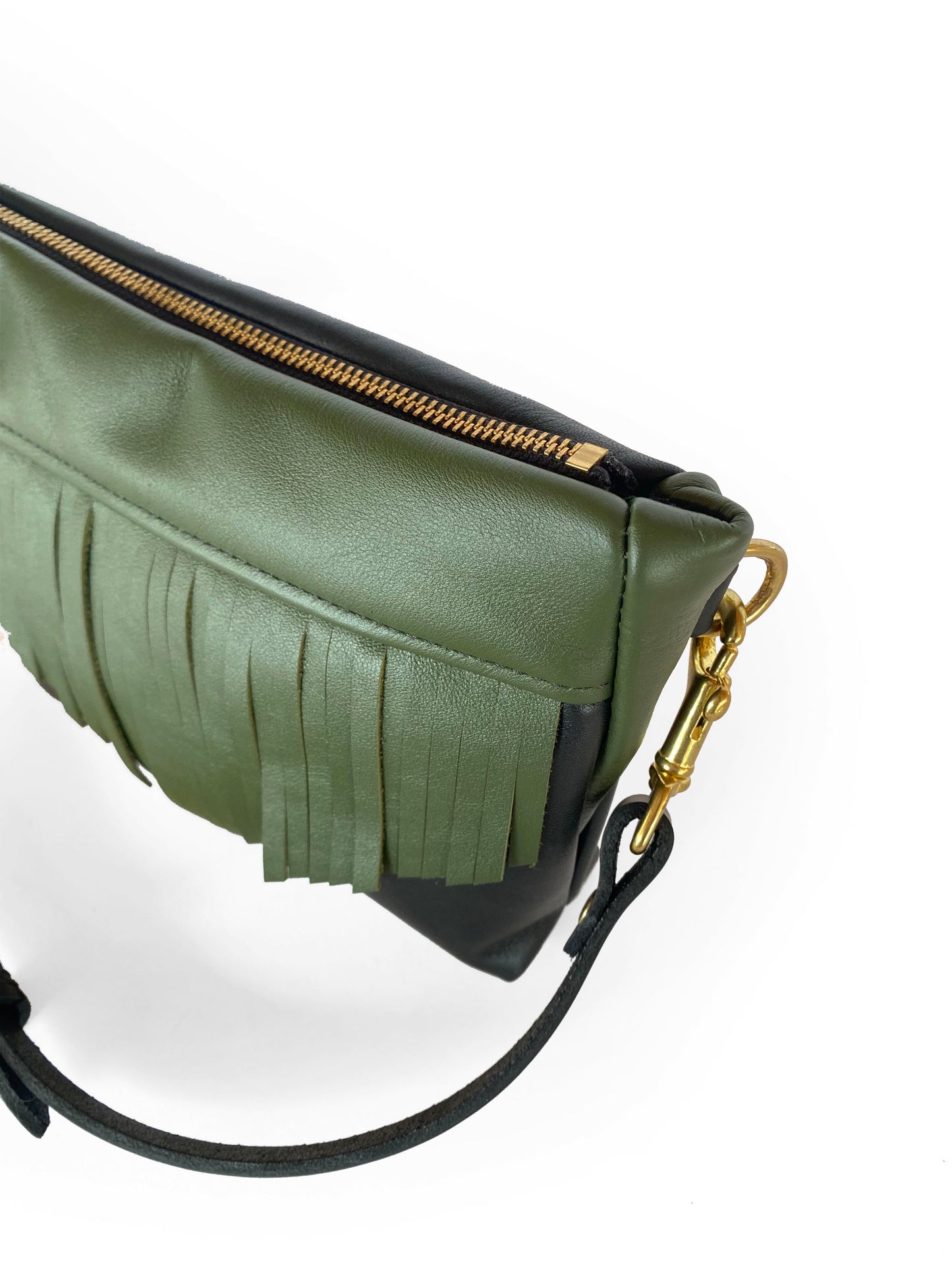 Cosmos Fringe Bag in midnight and dark moss